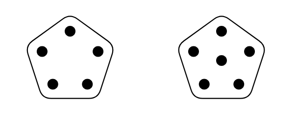 Two pentagonal faces of a twelve-sided die, one displaying five pips and the other six. d12 showing five and six with pips